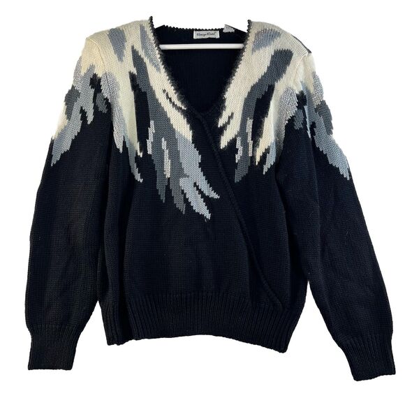 Vintage Sweaters - Vintage Medium V-neck Sweater Dynasty 80's Angora Wool Black Ivory Faux Wrap